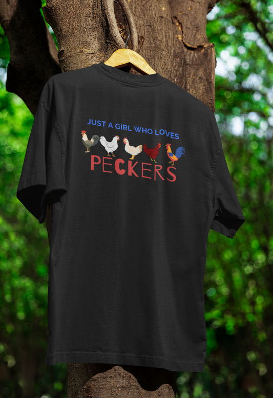 black t shirt with pictures of chickens and words that say just a girl who loves peckers