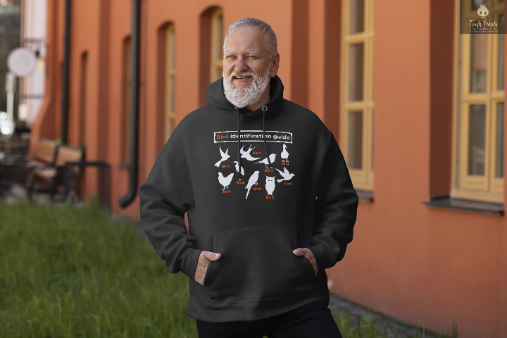 Older guy wearing a black hoodie with several bird silhouettes on it and the word bird under each one