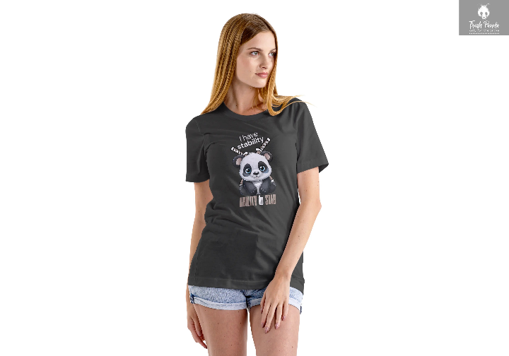 Girl wearing black tshirt with a panda with two swords and the words I have stability Ability to stab