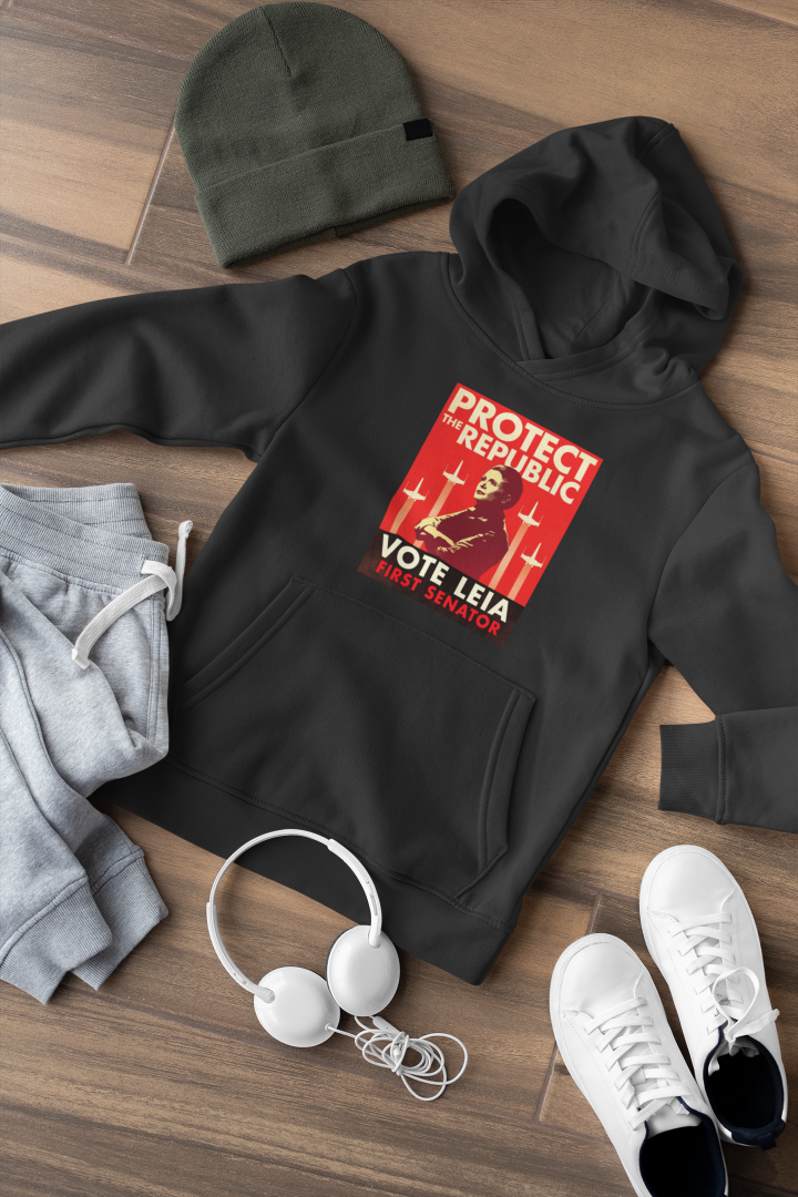 Black hoodie with a poster that asks us to protect the republic by voting Leia