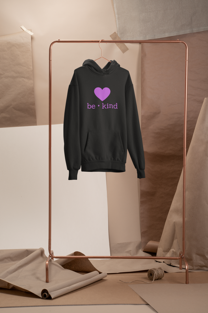 black hoodie with a heart and the words be kind