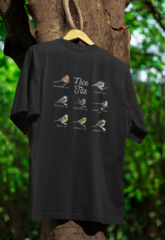 black shirt hanging from a tree with photos of 8 varieties of Tit birds