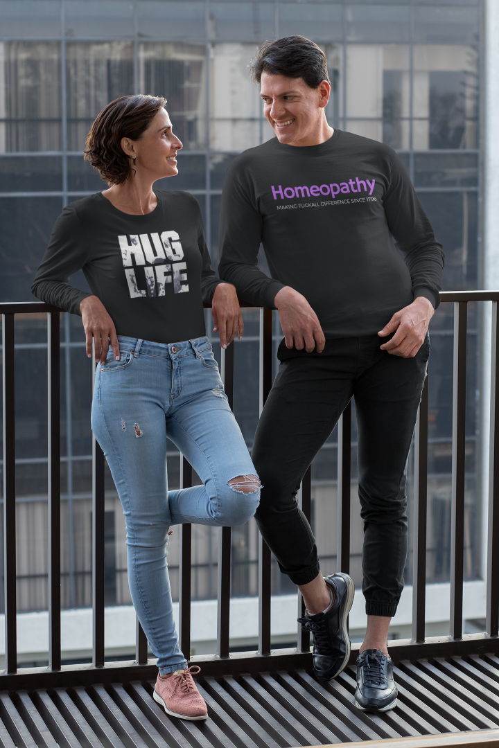 two models in the photo one wearing a long sleeve shirt that says hug life