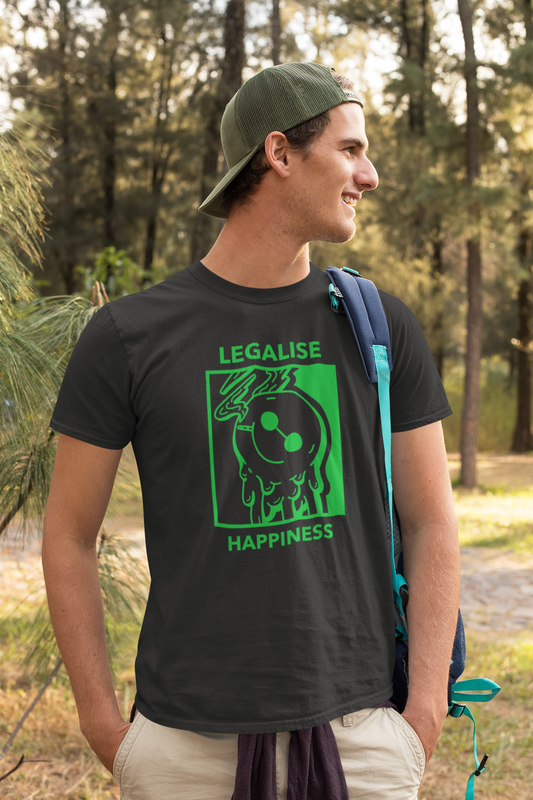 model is wearing a black t shirt including a green graphic and the words legalise happiness