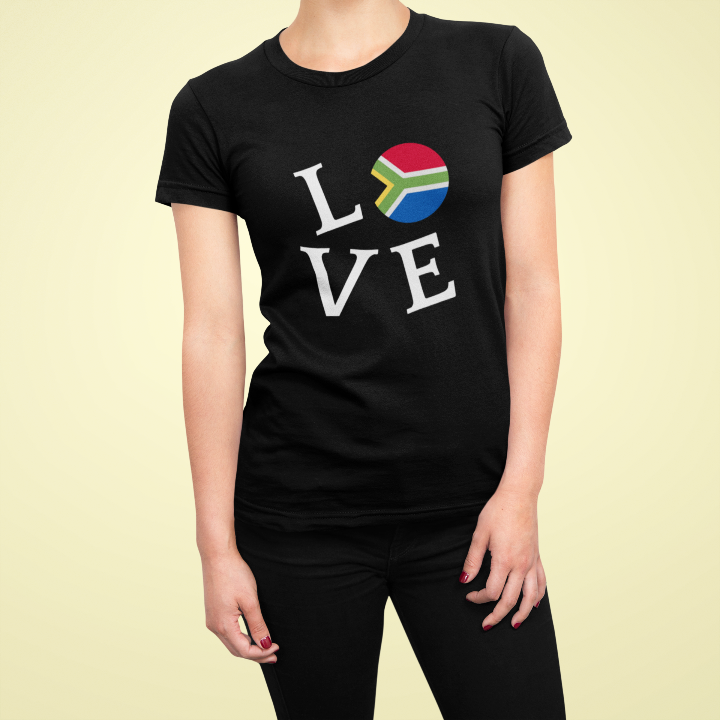 black t shirt on model that says LOVE but the O is the South African flag