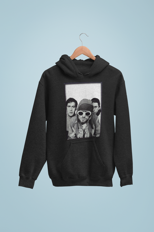 a hanging black hoodie with a photo of Nirvana