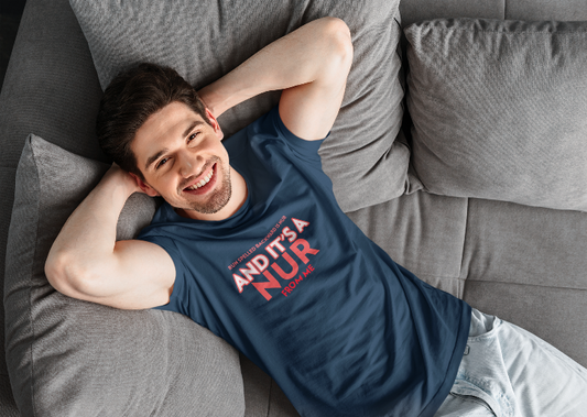 smiling man relaxes in a navy t shirt with the words Run spelled backward is nur and it's a nur from me