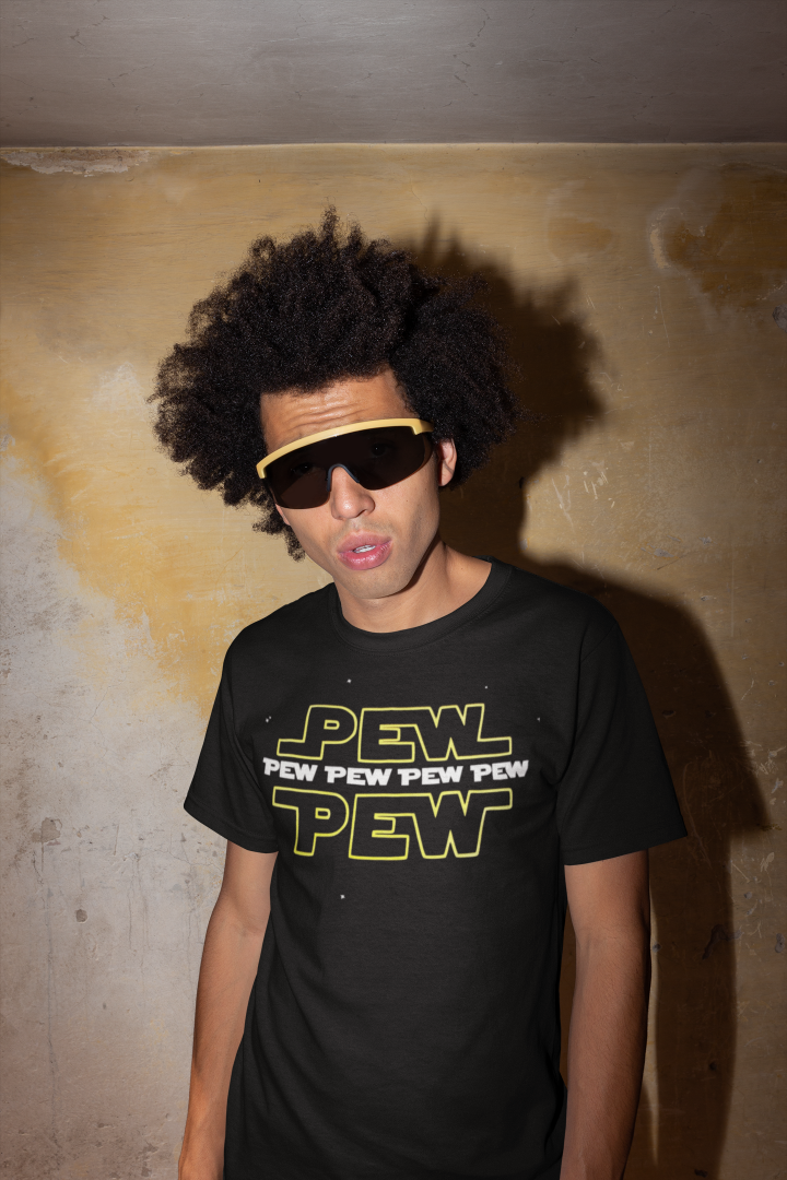 spiffy dude with a black t shirt that says pew pew pew pew pew in a star wars font