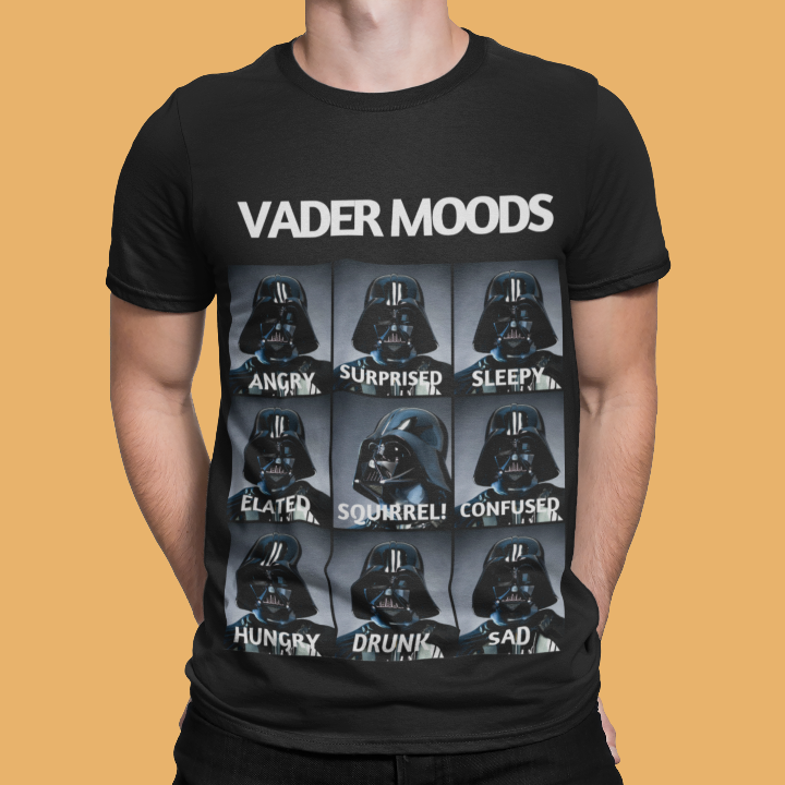 Model is wearing a black shirt titled vader moods featuring several images of Darth Vader