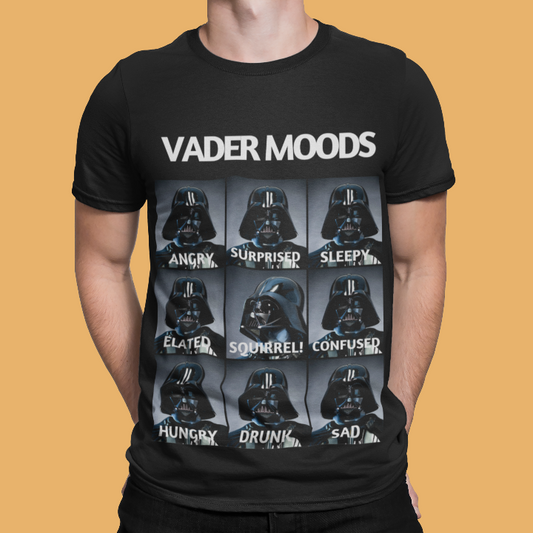 Model is wearing a black shirt titled vader moods featuring several images of Darth Vader